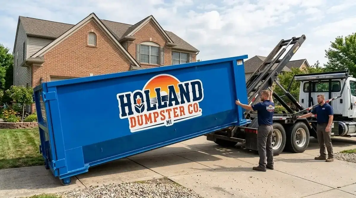 Two team members in navy polos guiding a blue roll-off container off a truck onto a driveway in front of a brick house