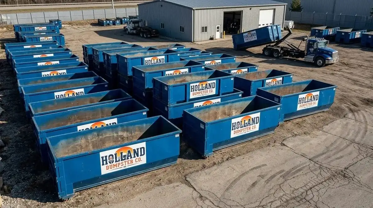 Rows of empty blue roll-off containers in a gravel yard, with a roll-off truck and a metal building behind them